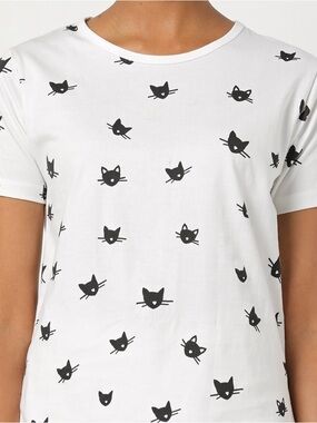 White Black Cat print shirt top face whiskers